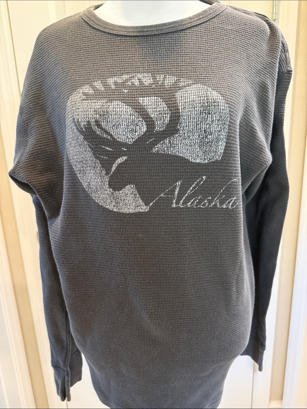 J. Crew Gray Waffle-Knit Crewneck Sweater with Alaska Moose Graphic